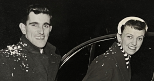 Photo of Brian and Sheila Uridge leaving for their honeymoon